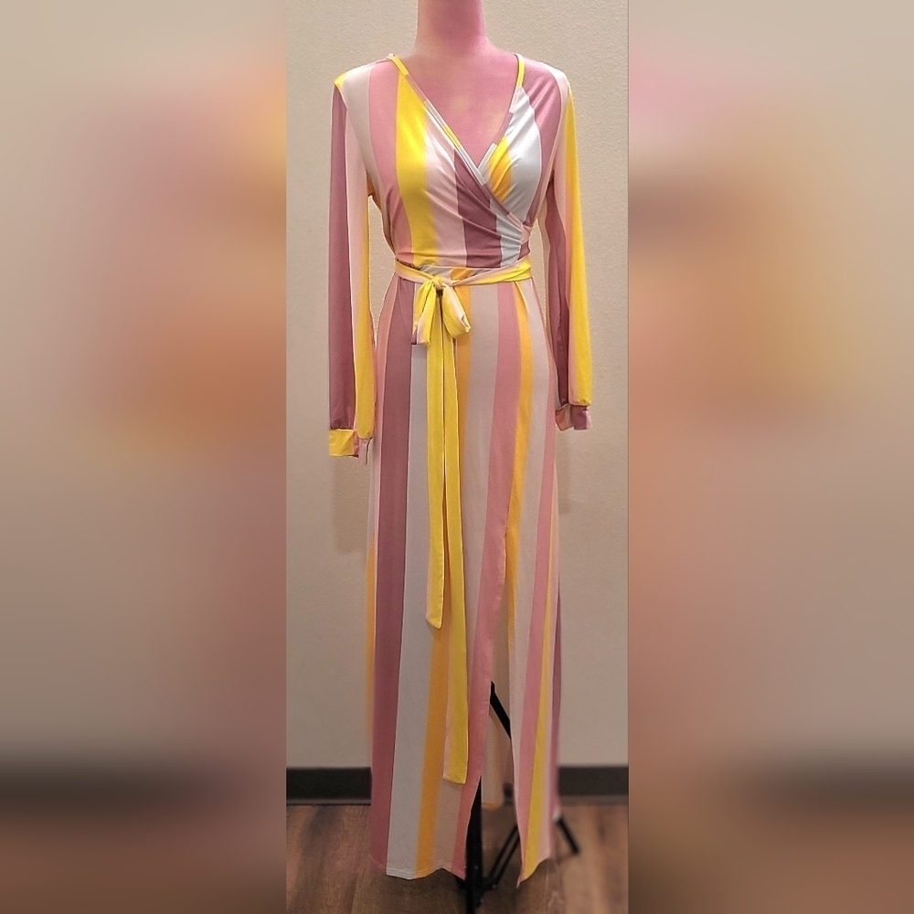 Pink and Yellow Long Sleeve Resort Sundress with Bishop Sleeves Sz Medium